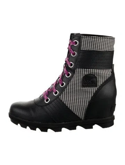 Pre-owned Sorel Leather Houndstooth Print Combat Boots In Grey