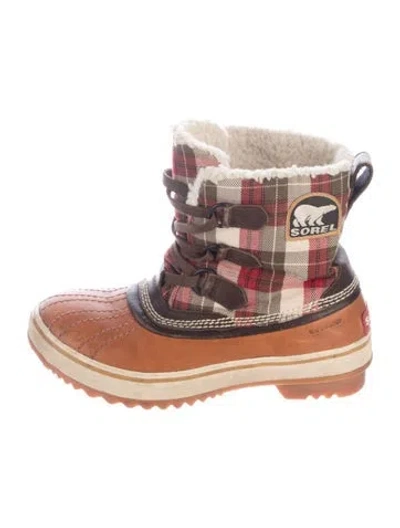Pre-owned Sorel Leather Plaid Print Snow Boots In Brown