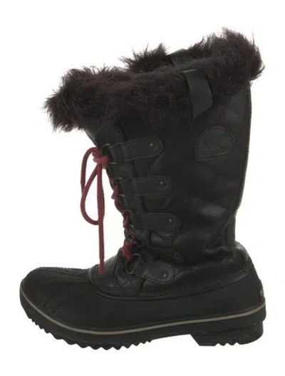 Pre-owned Sorel Leather Tweed Pattern Snow Boots In Black
