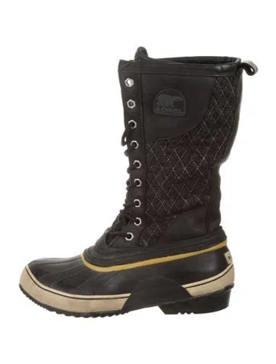 Pre-owned Sorel Leather Tweed Pattern Snow Boots In Black