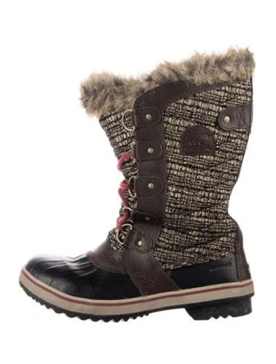 Pre-owned Sorel Leather Tweed Pattern Snow Boots In Brown