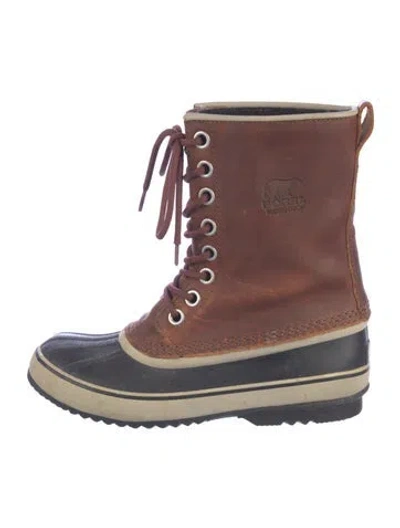 Pre-owned Sorel Leather Whipstitch Trim Snow Boots In Brown
