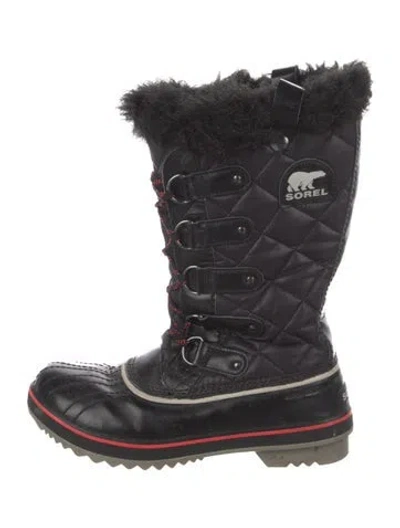 Pre-owned Sorel Nylon Faux Fur Trim Lace-up Boots In Black
