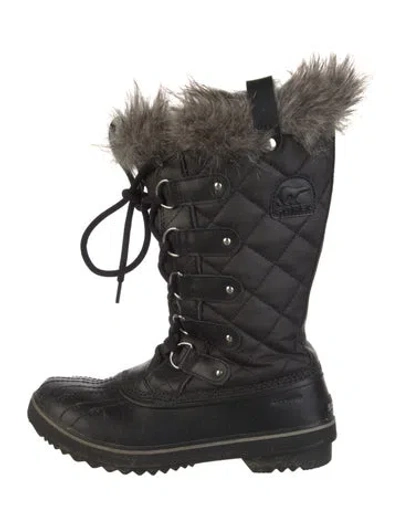 Pre-owned Sorel Nylon Faux Fur Trim Lace-up Boots In Black