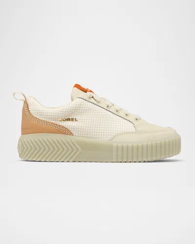 Sorel Ona Ave Check Mixed Leather Sneakers In Bleached Ceramic,light Aloe