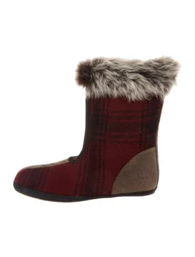 Pre-owned Sorel Plaid Print Sock Boots In Burgundy
