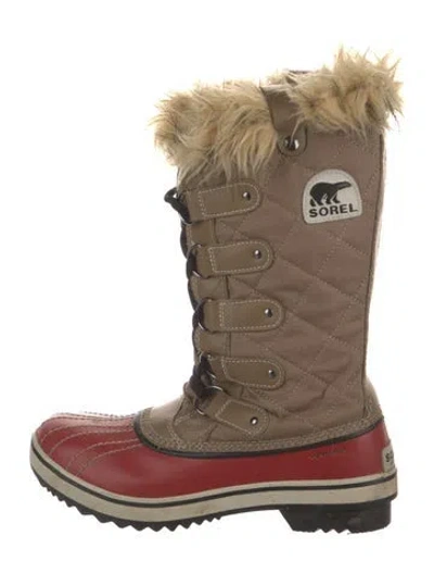 Pre-owned Sorel Printed Faux Fur Trim Lace-up Boots In Neutral