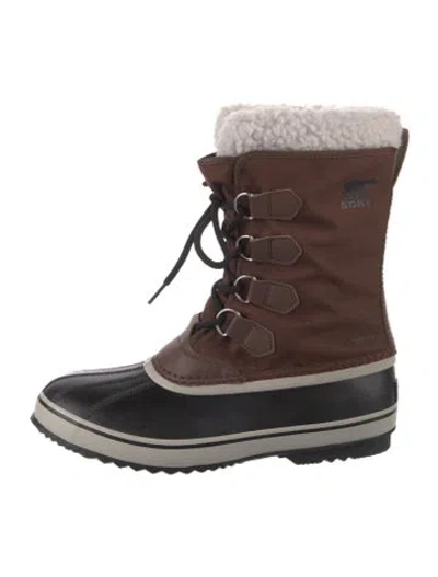 Pre-owned Sorel Rubber Faux Fur Trim Rain Boots In Brown