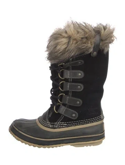 Pre-owned Sorel Suede Faux Fur Trim Lace-up Boots In Black