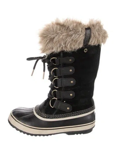 Pre-owned Sorel Suede Faux Fur Trim Lace-up Boots In Black