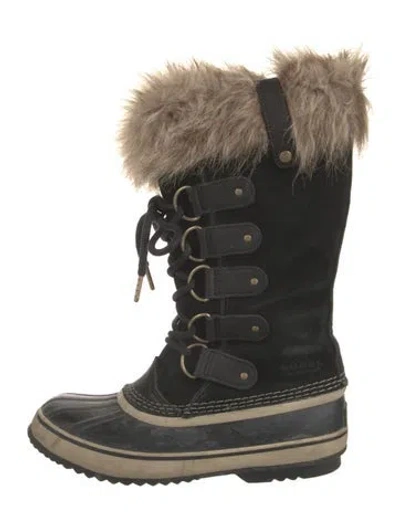 Pre-owned Sorel Suede Faux Fur Trim Lace-up Boots In Black