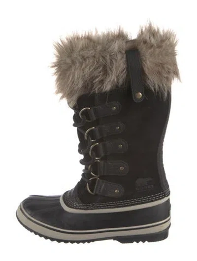 Pre-owned Sorel Suede Faux Fur Trim Lace-up Boots In Black