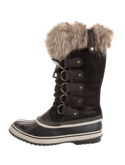 Pre-owned Sorel Suede Faux Fur Trim Lace-up Boots In Black