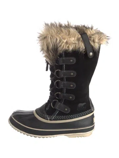 Pre-owned Sorel Suede Faux Fur Trim Lace-up Boots In Black