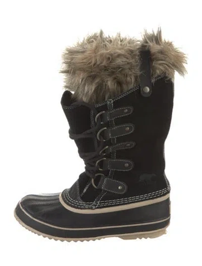 Pre-owned Sorel Suede Faux Fur Trim Lace-up Boots In Black