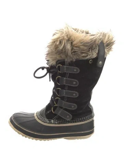 Pre-owned Sorel Suede Faux Fur Trim Lace-up Boots In Black