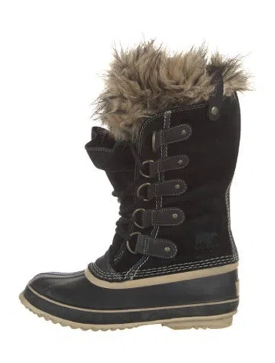 Pre-owned Sorel Suede Faux Fur Trim Lace-up Boots In Black