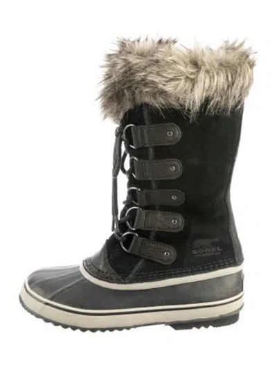 Pre-owned Sorel Suede Faux Fur Trim Lace-up Boots In Black