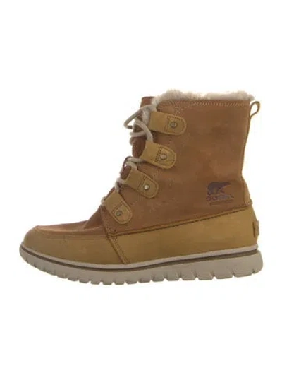 Pre-owned Sorel Suede Faux Fur Trim Lace-up Boots In Brown