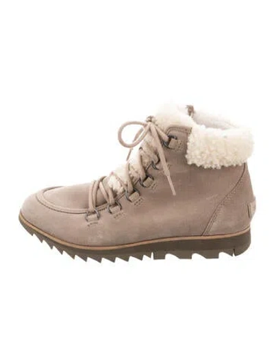 Pre-owned Sorel Suede Faux Fur Trim Lace-up Boots In Brown