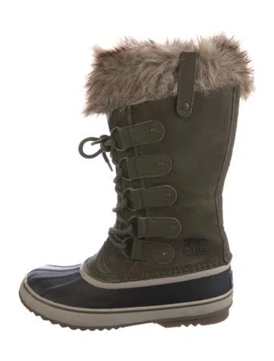 Pre-owned Sorel Suede Faux Fur Trim Lace-up Boots In Green