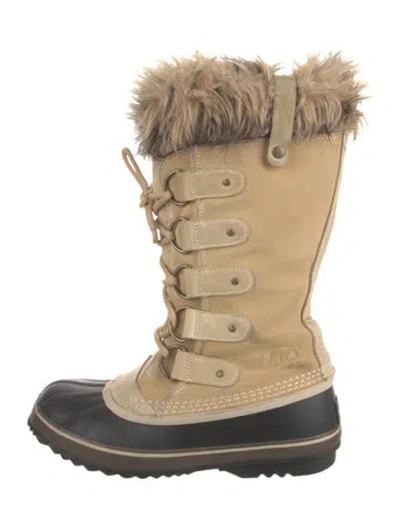 Pre-owned Sorel Suede Faux Fur Trim Lace-up Boots In Neutral