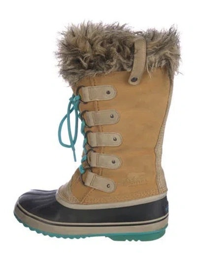 Pre-owned Sorel Suede Faux Fur Trim Lace-up Boots In Neutral