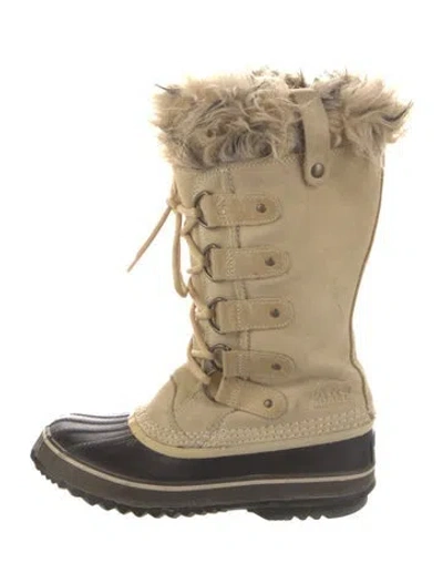 Pre-owned Sorel Suede Faux Fur Trim Lace-up Boots In Neutrals