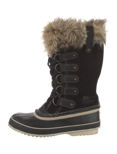 Pre-owned Sorel Suede Faux Fur Trim Snow Boots In Black
