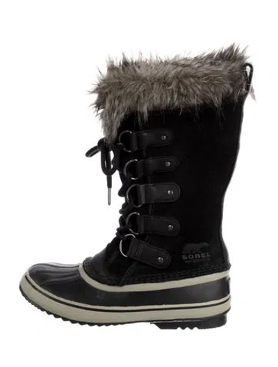 Pre-owned Sorel Suede Fur Trim Lace-up Boots In Black