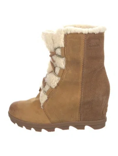 Pre-owned Sorel Suede Fur Trim Lace-up Boots In Brown
