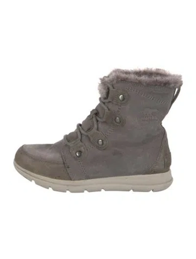 Pre-owned Sorel Suede Fur Trim Lace-up Boots In Gray