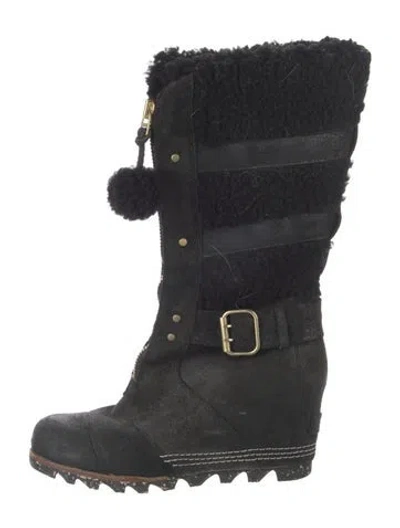 Pre-owned Sorel Suede Pom-pom Embellishments Snow Boots In Black
