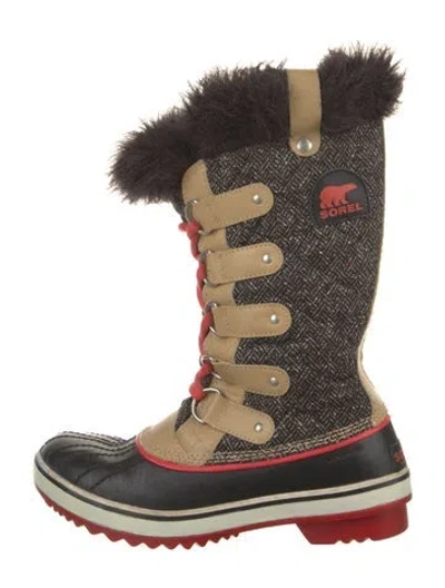 Pre-owned Sorel Tweed Pattern Faux Fur Trim Snow Boots In Black