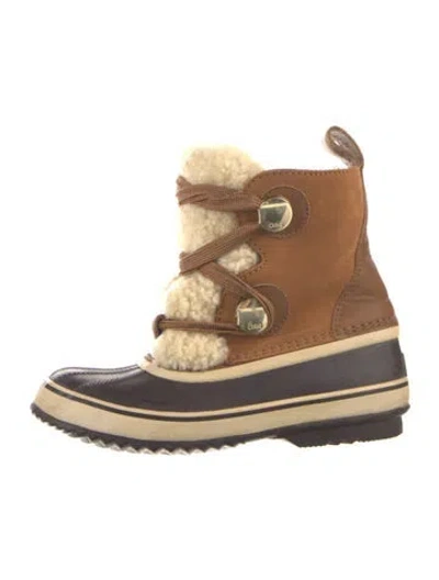 Pre-owned Sorel X Chloé Suede Fur Trim Lace-up Boots In Brown