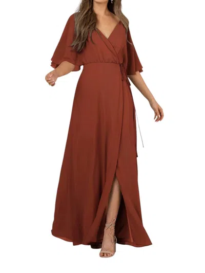 Sorella Vita Full-length Bridesmaid Wrap Dress With ¾ Flutter Sleeves In Burnt Orange In Yellow