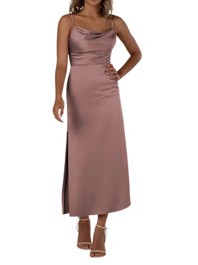 Sorella Vita Tea-length Charmeuse Bridesmaid Dress With Skirt Slit In Smoky Quartz In Brown