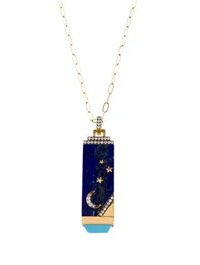Pre-owned Sorellina 18k Composite Turquoise, Lapis Lazuli & Diamond Celestial Amuleti Tablet Pendant Necklace, 28" In Multi