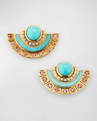 Sorellina 18k Yellow Gold Stud Earrings With Turquoise, Pink Sapphires And Gh-si Diamonds In Yg Turquoise