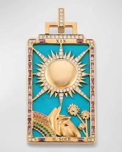 Sorellina 18k Yellow Gold Turquoise Pendant With Sapphires, Tsavorite And Gh-si Diamonds, 54x28mm In Turquoise,