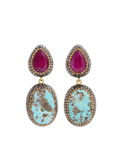 Soru Ruby And Turquoise Earrings In Gold