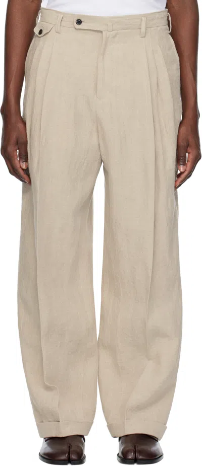 Soshiotsuki Beige Linen Washer 3 Tuck Trousers In Natural