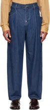 Soshiotsuki Blue Drape Pocket Washed Jeans In Indigo