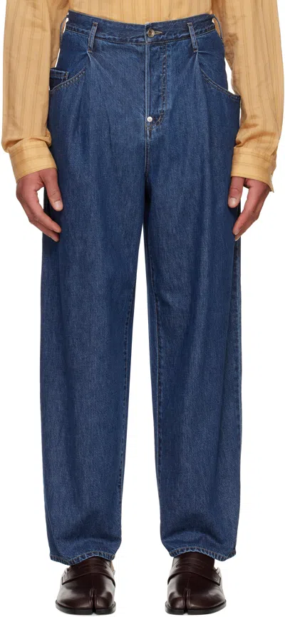Soshiotsuki Blue Drape Pocket Washed Jeans In Indigo