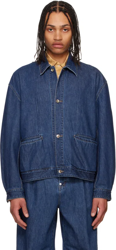 Soshiotsuki Blue Manipulation Drape Pocket Washed Denim Jacket In Indigo