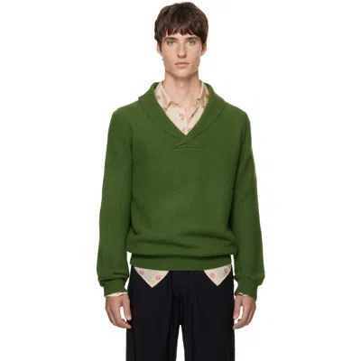 Soshiotsuki Green Shawl Collar Knit Sweater