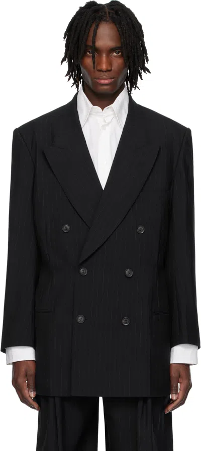 Soshiotsuki Navy 6b Double Breasted Shaped Blazer In Navy Stripe
