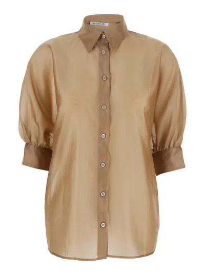 Sosue 'antonia' Gold Colored Blouse With Classic Collar And Front Closure With Buttons In Tech Fabric Woma