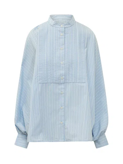 Sosue ? No-striped Mock Neck Shirt With Korean-style Collar In Blue Stripes