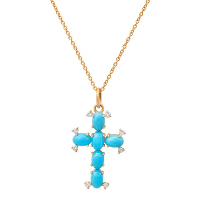 Soul Journey Jewelry Women's Blue Turquoise And Diamond Cross Necklace In Gold